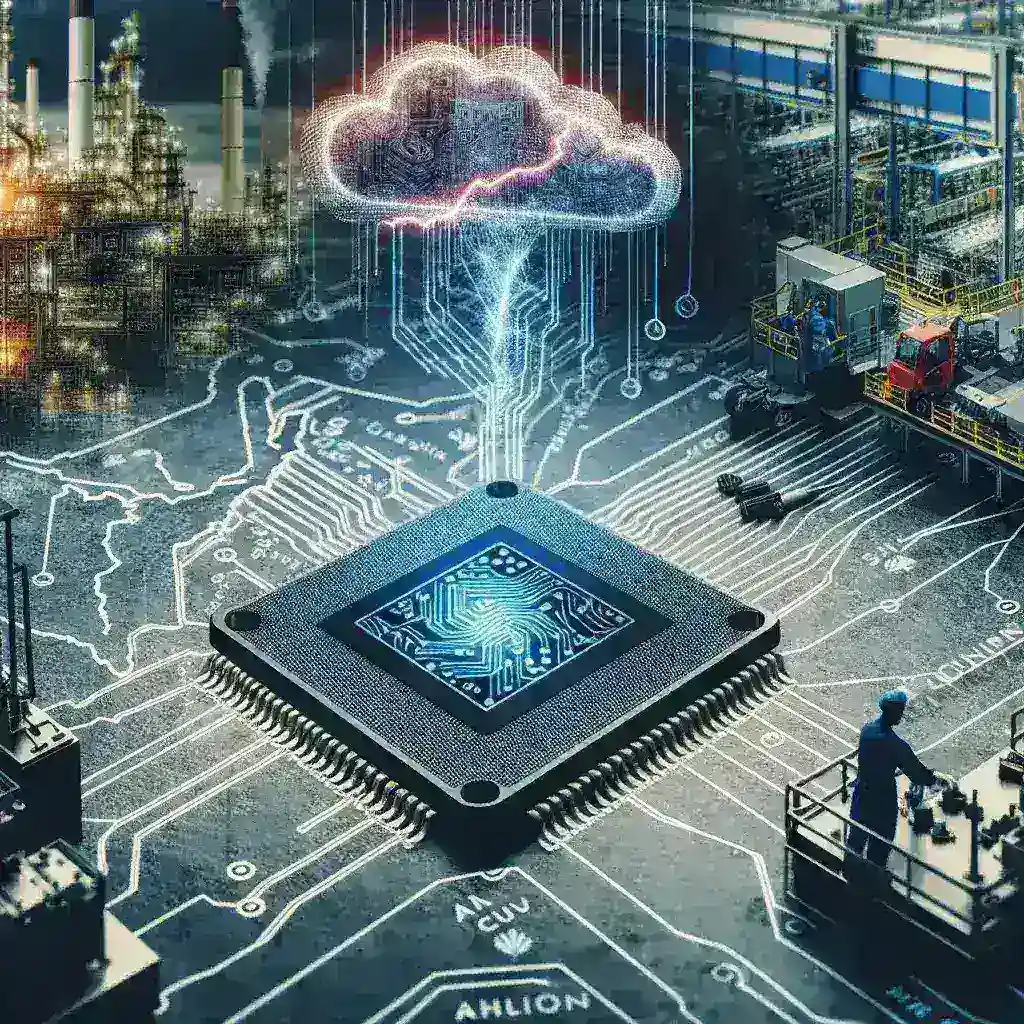 "Infographic illustrating the AI chip supply chain dynamics, reshoring efforts, and U.S. semiconductor national security tensions, highlighting key players, manufacturing processes, and geopolitical factors influencing the industry."