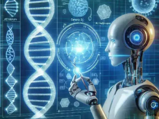 "Illustration of AI algorithms analyzing DNA sequences to develop personalized genetic therapies for patients, highlighting the intersection of artificial intelligence and medical genetics."