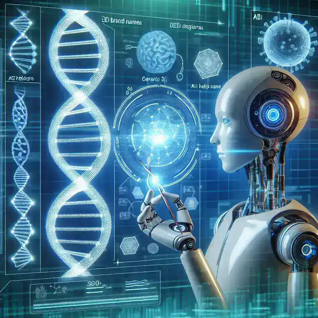 "Illustration of AI algorithms analyzing DNA sequences to develop personalized genetic therapies for patients, highlighting the intersection of artificial intelligence and medical genetics."